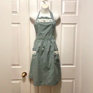 Cottagecore Style Green and White Gingham Apron with Snail Cross Stitch Pattern